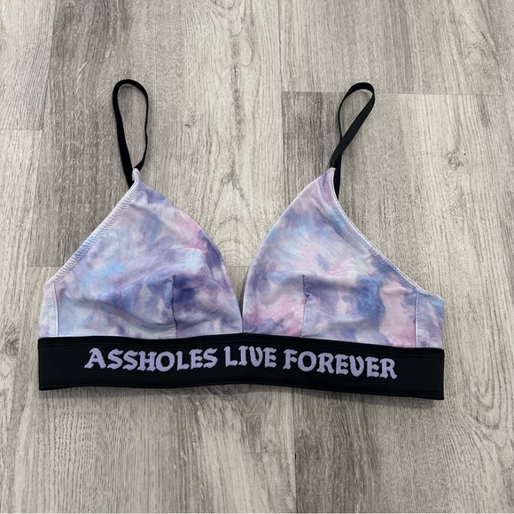 Assholes Live Forever Bralette Bra Womens Large Purple Tie Dye Cotton triangle - Picture 1 of 3